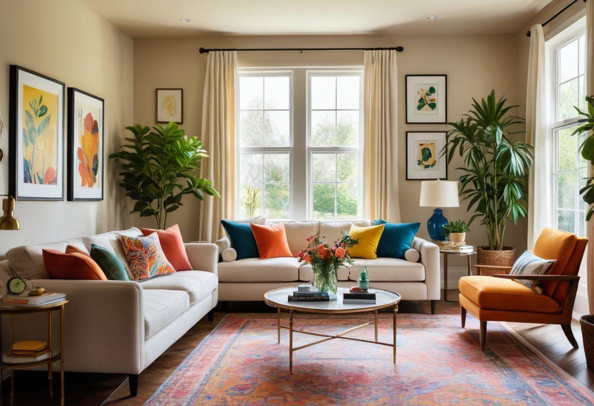 A beautifully decorated living room featuring a spacious wall adorned with a variety of affordable and stylish wall art pieces including framed prints, canvas paintings, and wall decals. The room has a warm ambiance with cozy furniture, a hint of greenery from potted plants, and natural light pouring through a window, creating a welcoming space. Emphasize vibrant colors and an eclectic mix of art styles to inspire personalization. super-realistic. vibrant colors. warm lighting.
