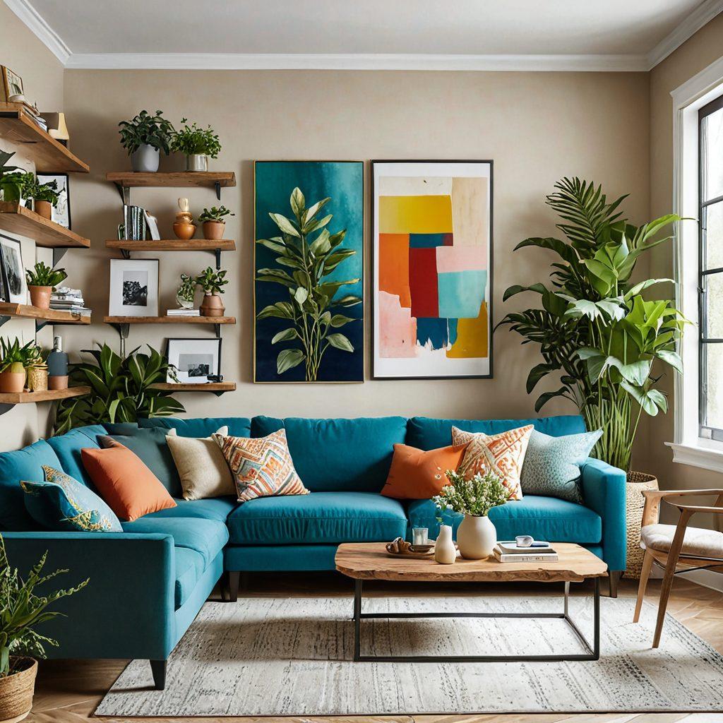 A cozy living room showcasing a variety of unique and affordable wall decor ideas, including colorful framed prints, stylish shelves with plants, and a large abstract mural. The space is well-lit, with warm tones that invite relaxation and creativity. Various textures and materials mingle harmoniously, emphasizing the charm of personalized decor. super-realistic. vibrant colors. 3D.