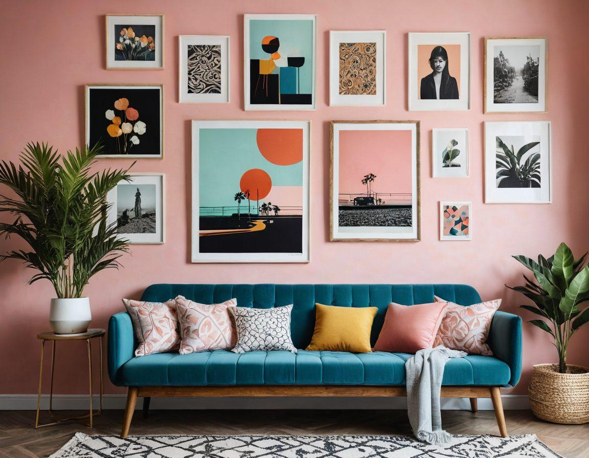 A captivating collage showcasing a variety of wall decor styles transitioning from vintage to modern, featuring ornate wooden frames, retro posters, and minimalist art pieces. The background should be a harmonious blend of soft pastels and vibrant hues, highlighting the beauty of each decor style. Include unique textures like old wallpaper and sleek metal accents for contrast. The overall atmosphere should evoke a sense of evolution and creativity. vibrant colors. layered textures. artistic collage.